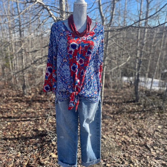 FIG AND FLOWER BOHO BLOUSE SIZE LG blue and red stylish top - Picture 11 of 16